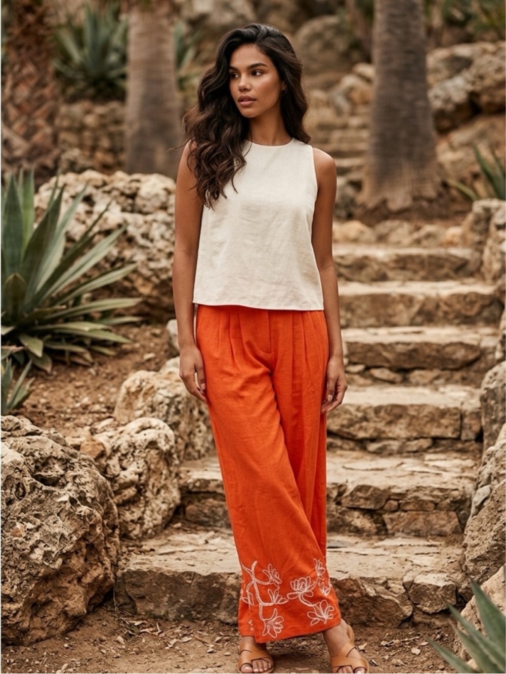 NWT Alex Marie Orange Linen Blend Embroidered Wide Leg Pants Size 18 MSRP 139 - Picture 1 of 8